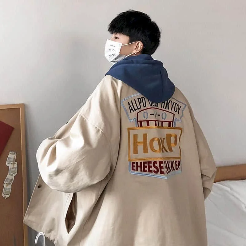 

Men's jacket Korean trend casual loose Hong Kong style embroidery Safari jacket handsome men's jacket Preppy Style Streetwear