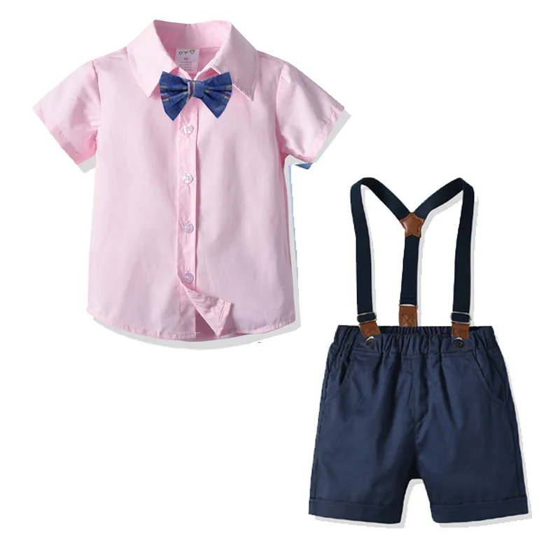 

British Gentleman's Children's Clothing Boys Middle And Small Summer Cotton Short-sleeved Shirt Suspenders Two-piece Suit
