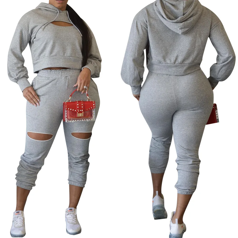 

Donsignet Fashion Women's Suit New Casual Hot-selling Hooded Collar Pullover Cutout Short Sweater Trousers Sports Two-piece Suit