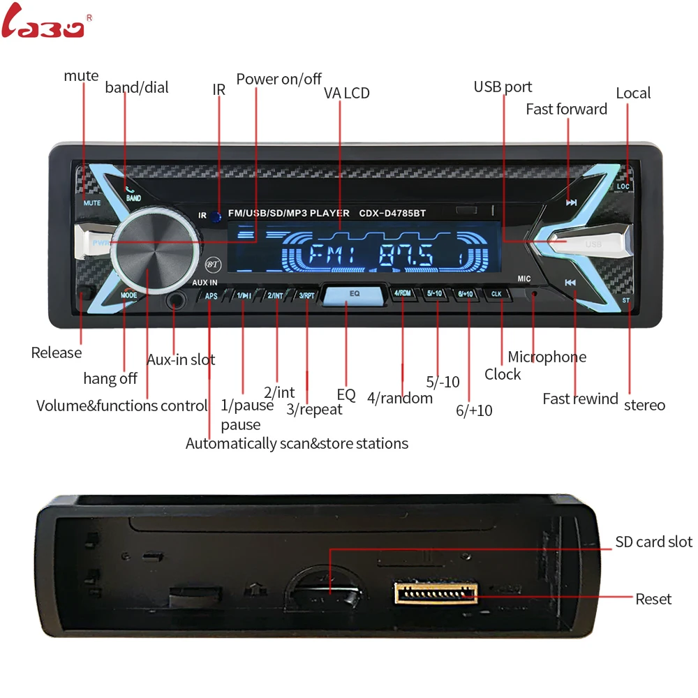 Bluetooth V3.0 Removable Stereo Autoradio Car Radio 12V In-dash 1 Din FM Aux Input Receiver SD USB MP3 MMC WMA Car audio Player