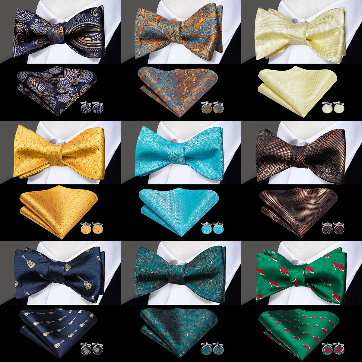

Hi-Tie 100% Silk Adult Men's Self Bow Tie Pocket Square Cufflinks Set Male Formal Wedding Party Accessories Luxury Bow Tie Set