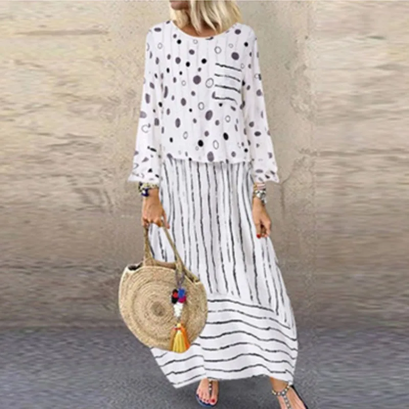 

Women Plus Size M-3XL Ladies Long Sleeve Print O-Neck Shirt Dress Spring 2021 Fake Two Piece Muslim Dresses D0N308N