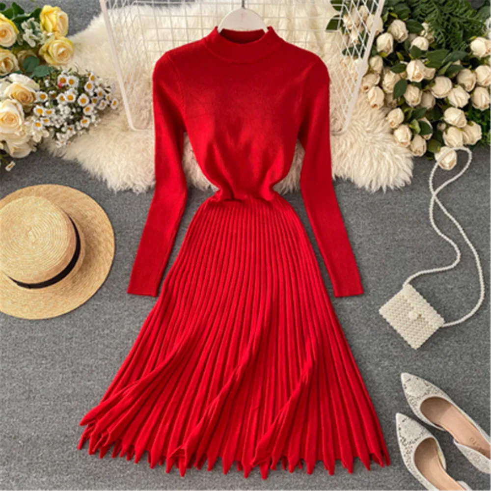 Женское винтажное трикотажное платье свитер средней длины приталенное