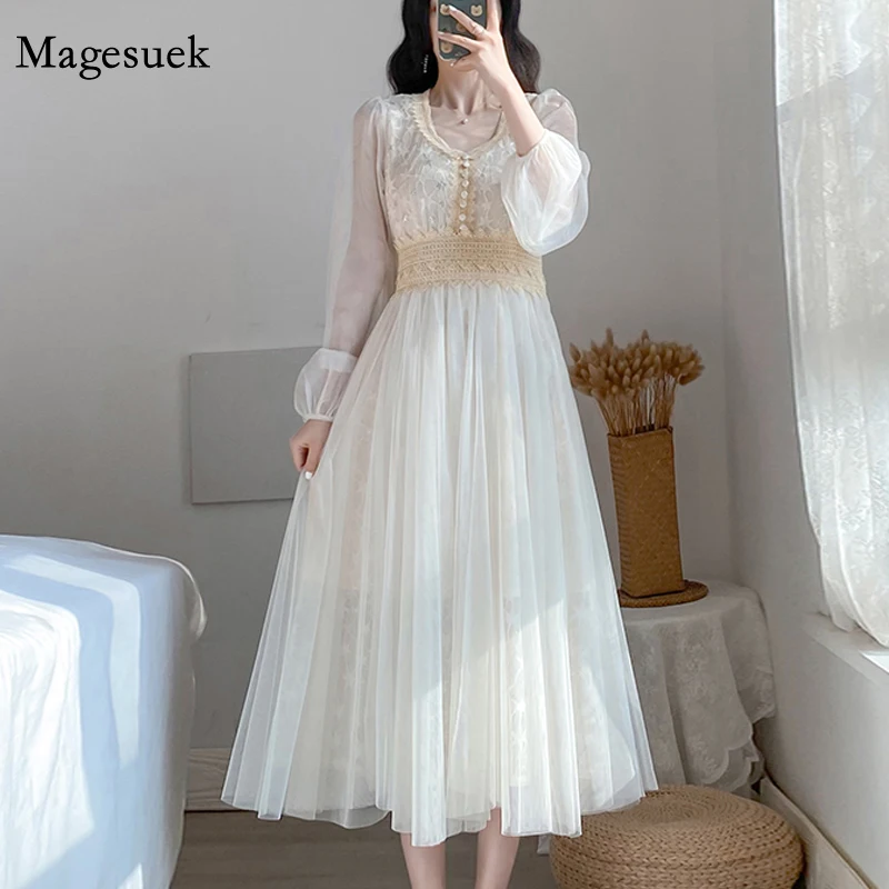 

New Spring V Neck Dress Vintage Puff Sleeve A-line High Wasit Women Dress Elegant Sweet Mesh Lace Dress Female Vestidos 12915