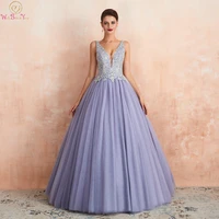 ball gown lavender prom dresses 2020 ball gown tulle lace appliques crystal v neck sleeveless occasion evening gown formal stock