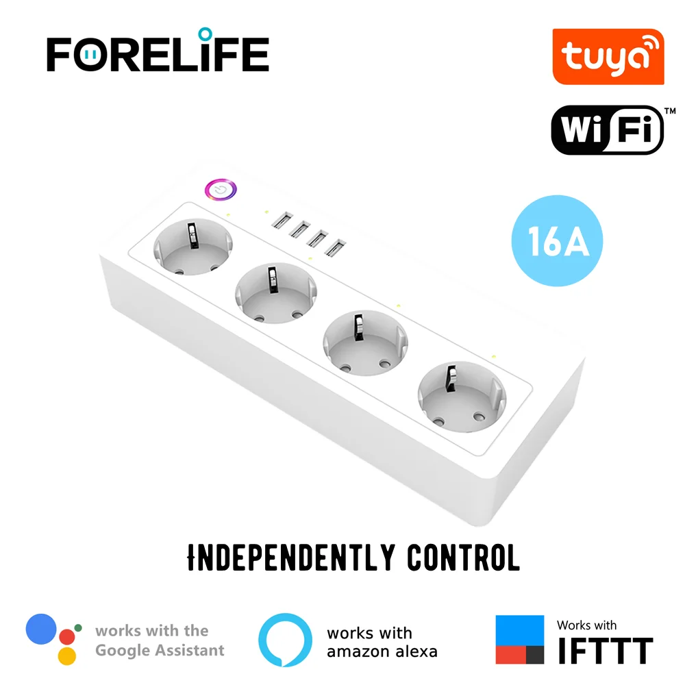 

Wifi EU Smart Power Strip Electrical Socket 4 EU Outlets Plug Home Wireless 4 USB Port Work With Alexa Google Home App Control