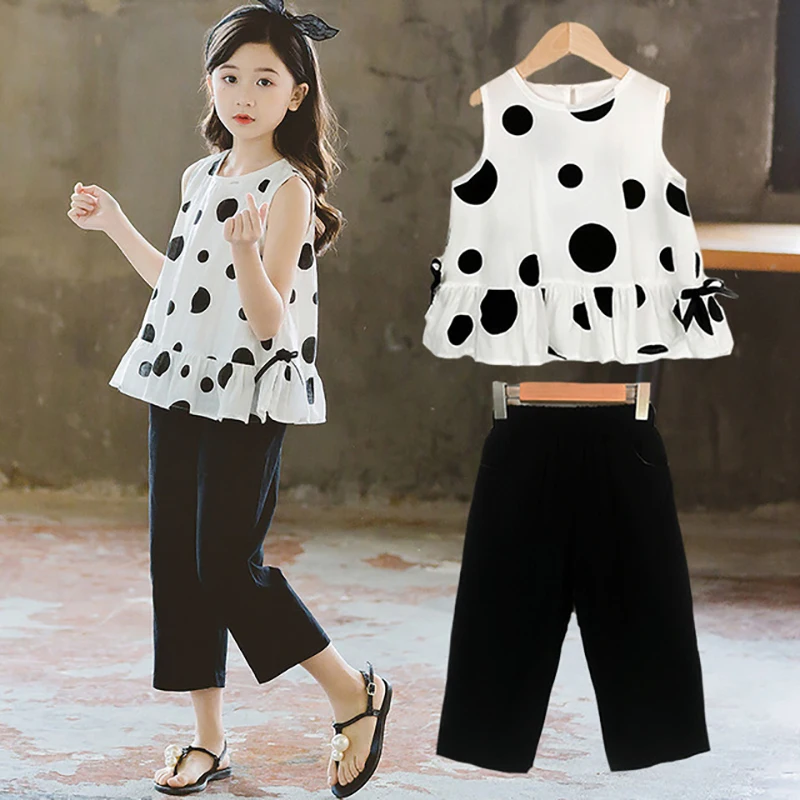 

Kids Girls clothes round neck Polka Dot pullover sleeveless Tops solid Bandage Pants 2pc cotton Outfits 2-8 years