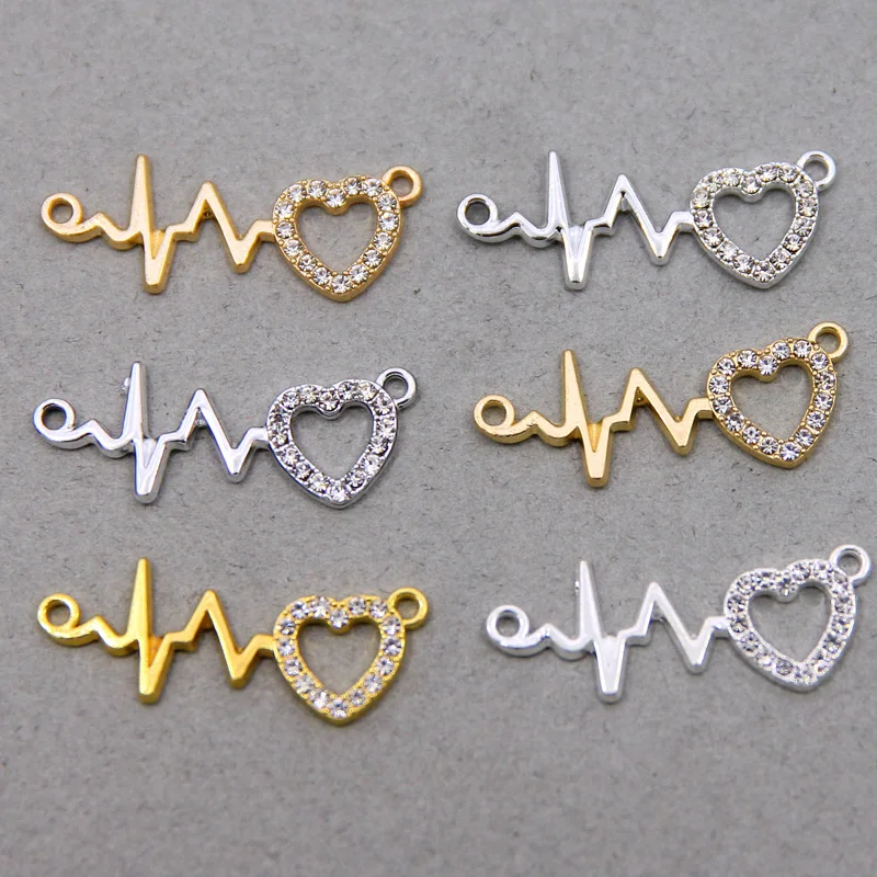 

6pcs Charms ECG Heartbeat Connector Heart Inlaid rhinestones Link 30*12mm KC gold Color Pendant Making DIY Finding Jewelry