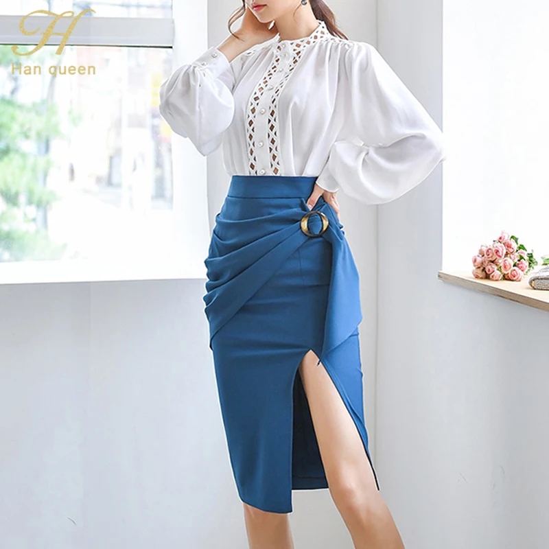 Set H Han queen OL Женская Осенняя рабочая одежда костюмы из 2 предметов новая открытая белая рубашка блузки и высокая талия облегающая юбка комплект - Цвет: Set