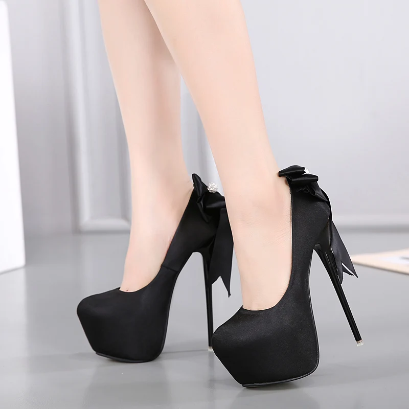 

Black Shallow Mouth Large Size 34-45 Single Shoes Spring And Autumn New Sweet Bow Sexy Super High Heel Women's Shoes
