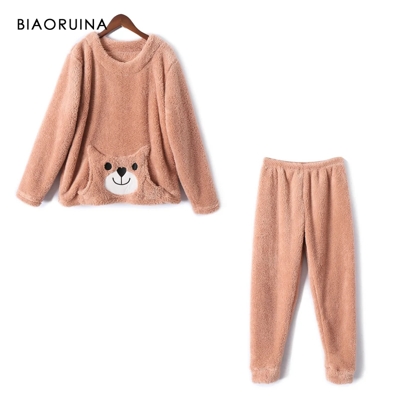 BIAORUINA Женская Теплая Флисовая Пижама с вышивкой комплект круглым вырезом