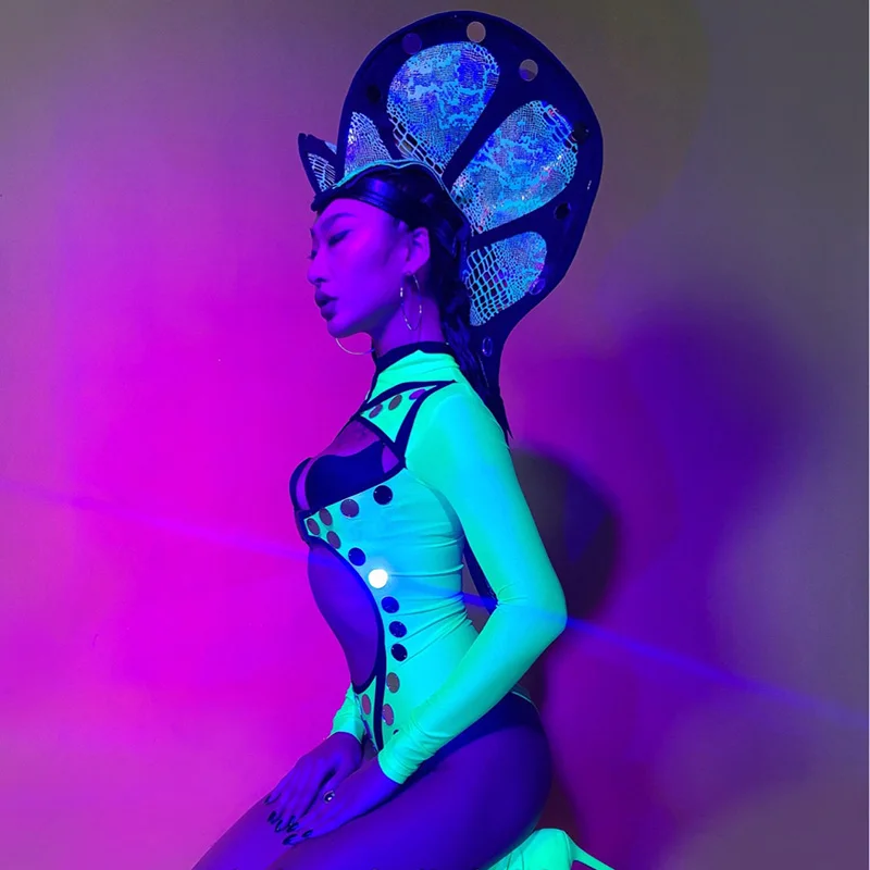 Сценические костюмы для ночного клуба бара женское ФЛУОРЕСЦЕНТНОЕ боди певицы