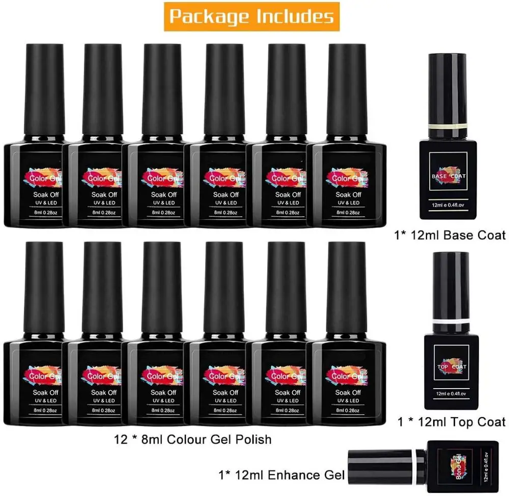 

8ml Nail Gel Polish Primer Kit 12 Colors Gel Varnish Top Coat Soak Off UV LED Art Manicure Organic Gel Nail Gel Lacquer