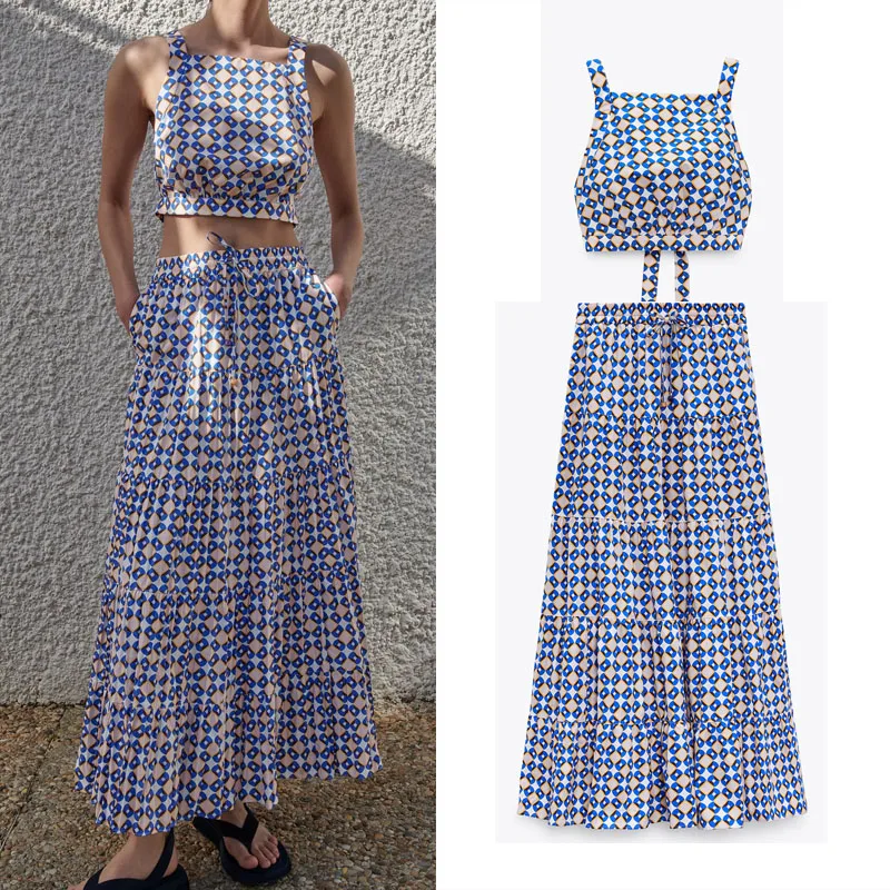 

Женская плиссированная юбка с геометрическим принтом, длинная юбка с высокой талией и регулируемым поясом, лето 2021