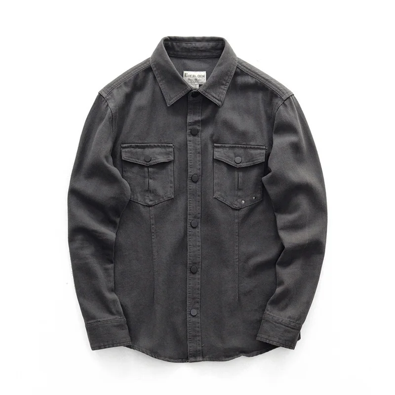Мужская винтажная рубашка весенне-осенняя джинсовая приталенная с длинным