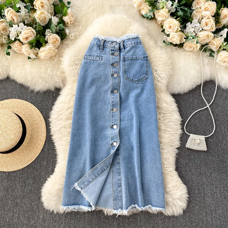 

Женская джинсовая юбка, винтажная узкая юбка с завышенной талией, тонкая, универсальная, в Корейском стиле, лето 2021