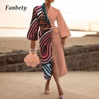 women fashion turn down collar abstract print woolen long coat 2021 new vintage pttern sleeve loose warm overcoat lady outweats