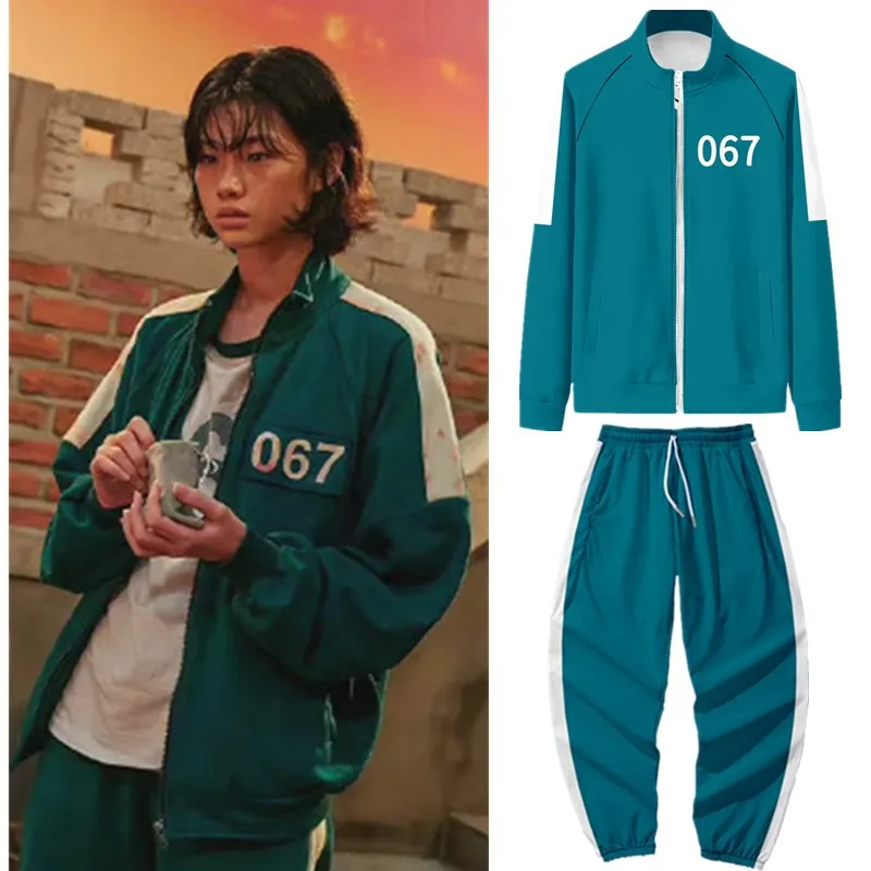 

Squid Game 067 Cosplay Jacket Suit Korean TV 456 Costume Zip Up Tracksuit Loose Squid Game Round Six Women Sportwear Costume