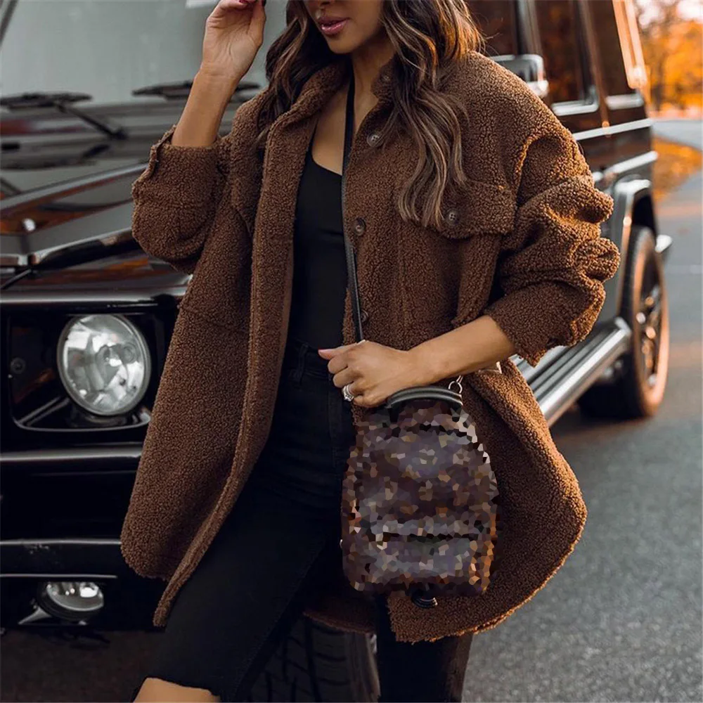 

2021 Autumn Winter New Jacket Solid Color Fashion Temperament Casual Thicken Warm Lamb Wool Lapel Long Sleeve Single Breasted