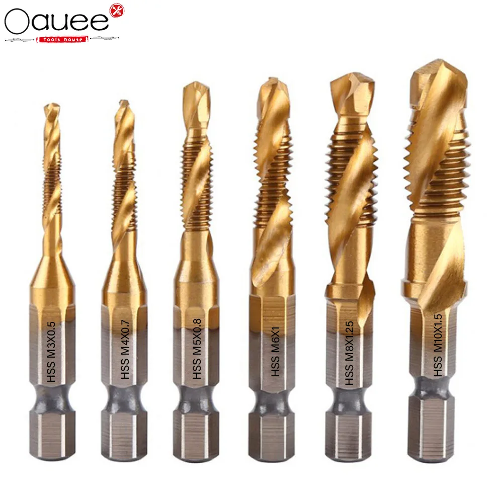 

1Pcs/6Pcs Titanium Plated Hex Shank HSS Screw Thread Metric Tap Drill Bits Screw Machine Compound M3 M4 M5 M6 M8 M10 Hand Tools