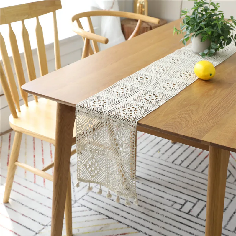 American Vintage Handmade Lace Table Runner Home Decorative Crochet Hollow Out Table Runner With Tassels 4 Colors table Flag