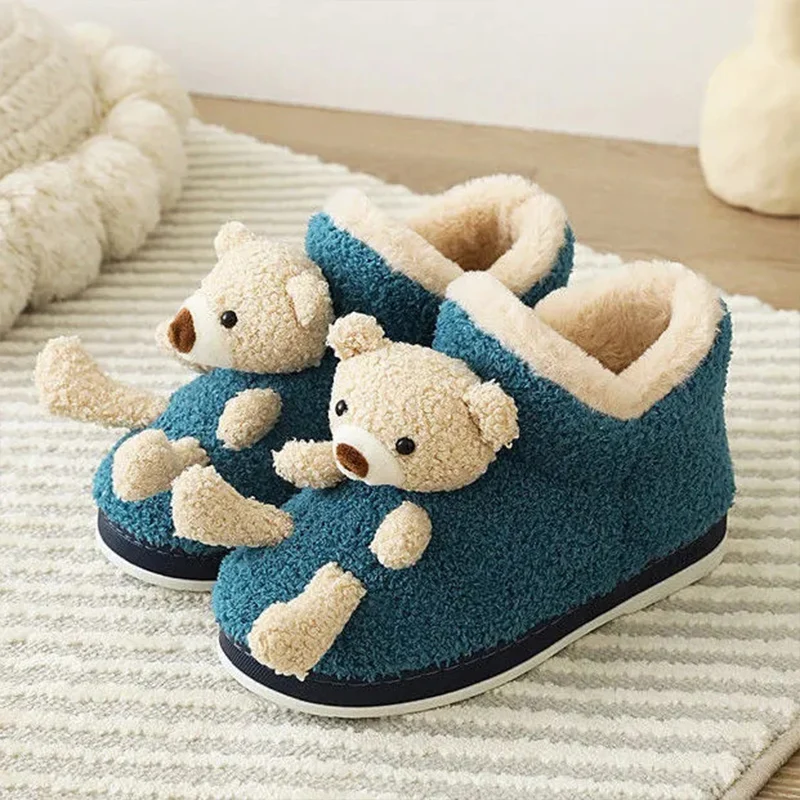 

Cute 3D Bear Booties Women's Autumn Winter Home Shoes Woman Fuzzy Slippers Female Flat Boots Girls Indoor Fury Slippers 2022