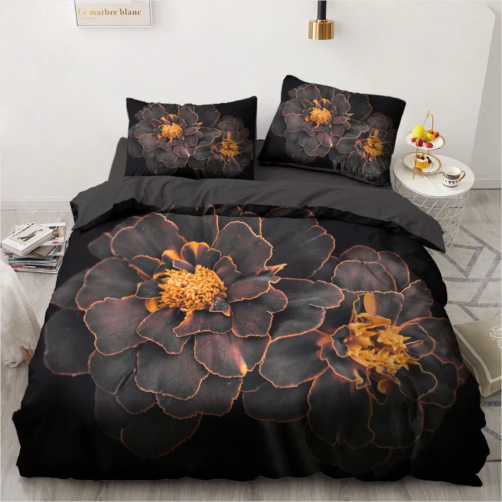 

Flower Design Printed 3D Bedding Sets Black Duvet Quilt Cover Set Comforter Bed Linen Pillowcase King Queen Single 173x218cm