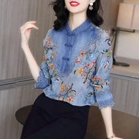 new chinese mothers dress shirt womens dress spring chinese style retro pan button floral denim stitching silk like top