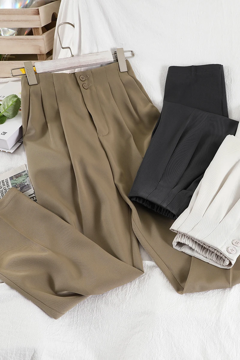 

Fashion breasted high-waist solid color suit trousers female Korean casual pants black nine-point slim straight pants womens