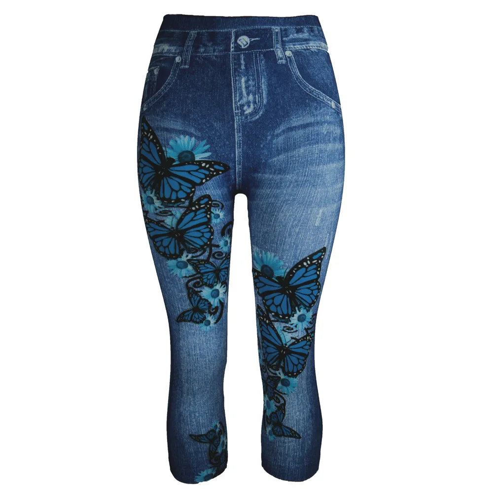 Леггинсы-Капри женские имитация Джинса лето 3/4 узкие брюки ZOGAA с принтом в виде