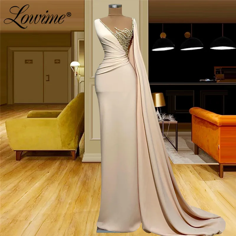 

Женское длинное вечернее платье Lowime, светло-розовое платье с рукавом-накидкой, элегантное платье с жемчугом и юбкой-годе для выпускного веч...