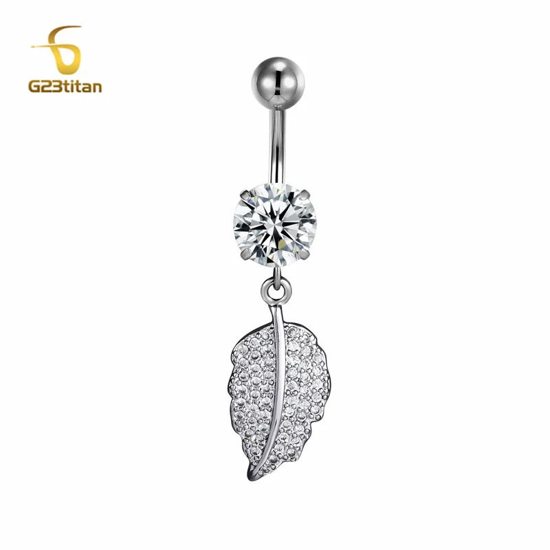 

Shinny Clear Zircon Leaf Belly Button Ring Silver Plated Dangled Navel Piercing Barbell Hypoallergenic 14G Titanium Body Jewelry