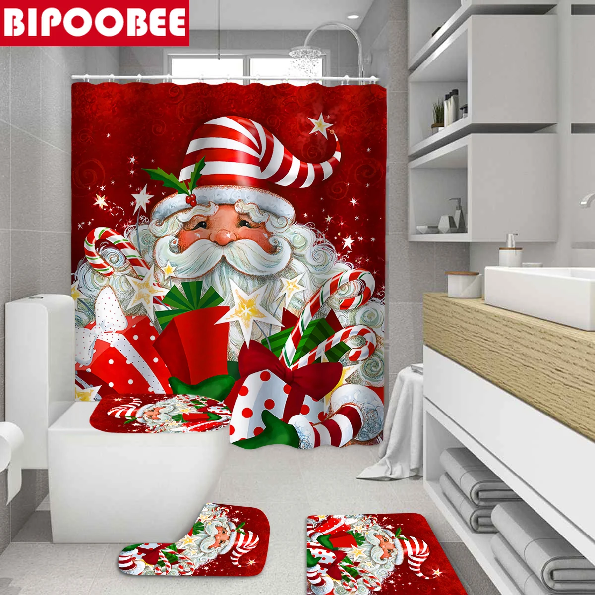 

Santa Claus Shower Curtain Merry Christmas Bathroom Set Bath Mats Toilet Cover Floor Non-slip Carpet Bathtub Curtains with Hooks