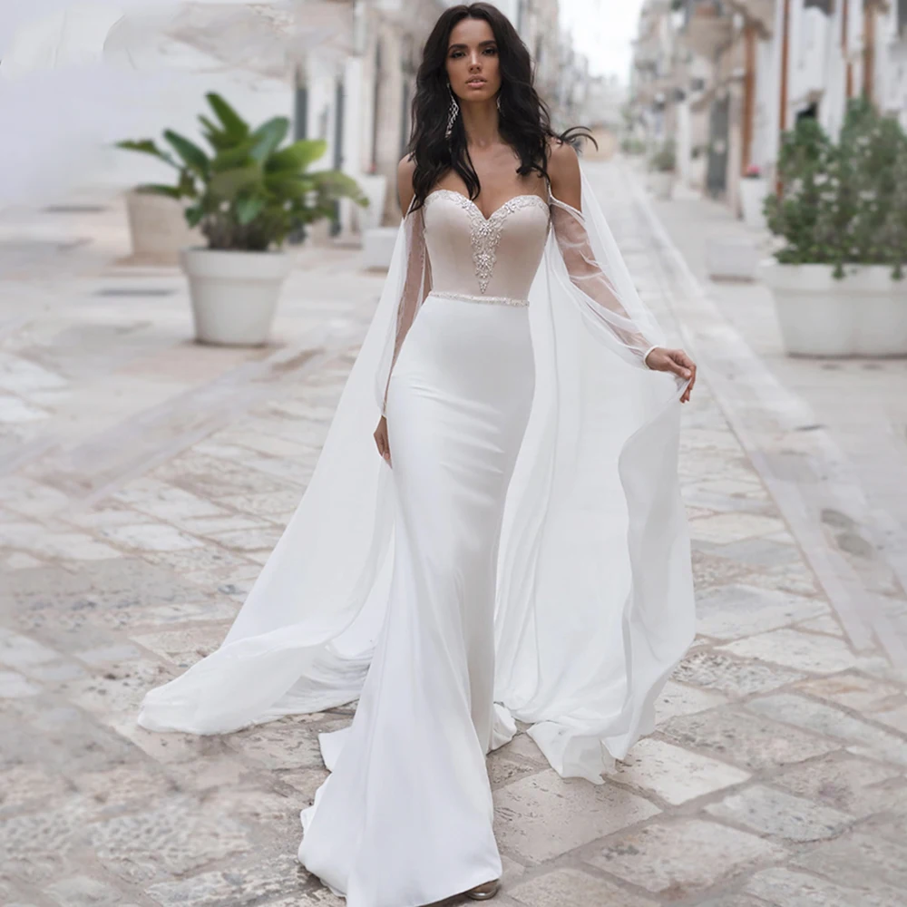 

Sexy Mermaid Wedding Dresse Romantic Backless Puff Sleeve Crystal Sweetheart Chiffon Bridal Gowns 2021 Vestidos De Noivas
