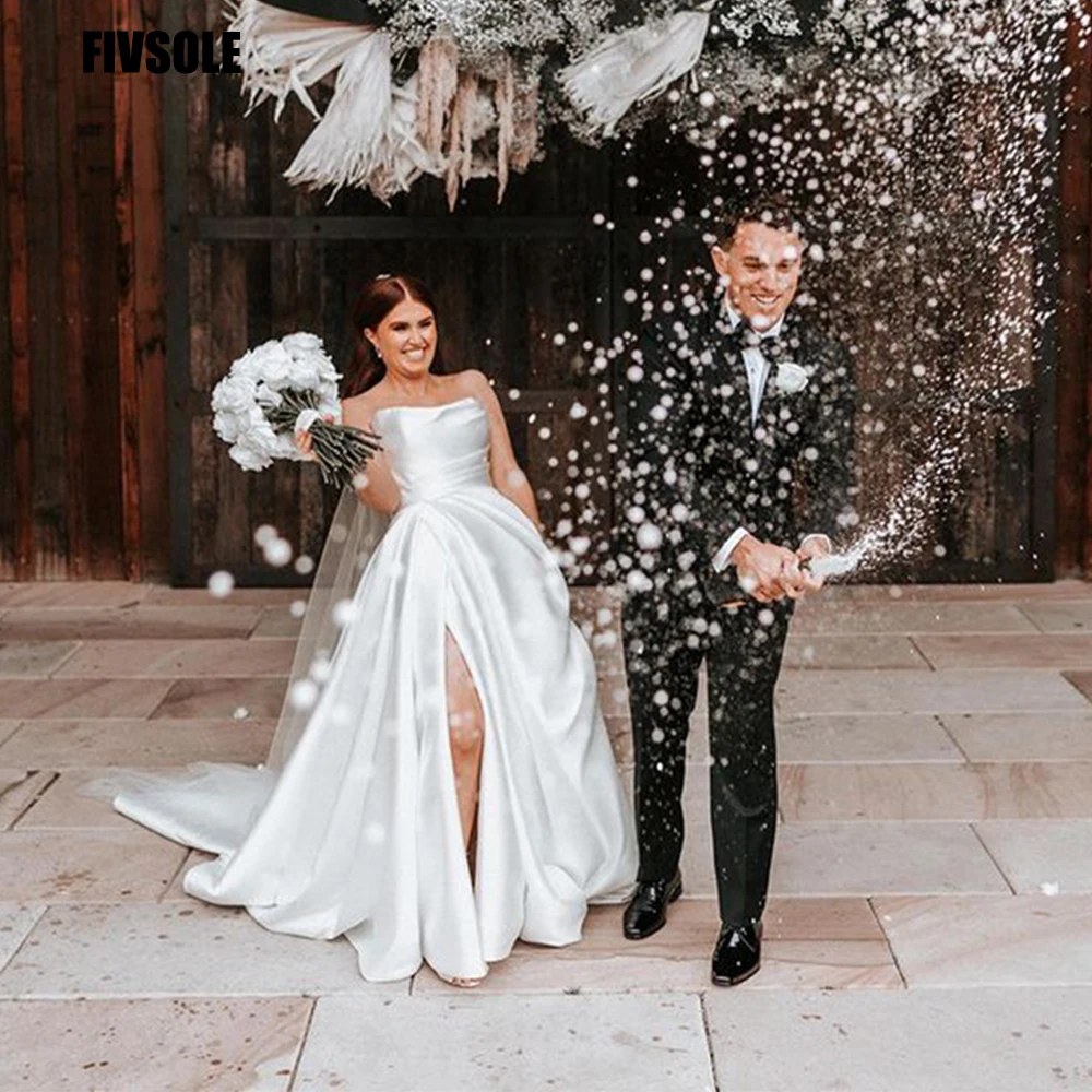 

Недорогие свадебные платья Fivsole 2022 для женщин, модное свадебное платье без бретелек со шлейфом и Боковым Разрезом, а-силуэт, с карманами, инд...