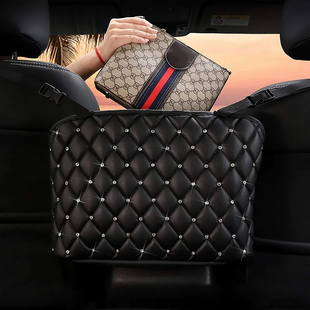 

TiOODRE Black Diamond Car Handbag Comfortable Stylish Stowing Tidying Holder Between Two Seats Car Leather Seat Back Organizer
