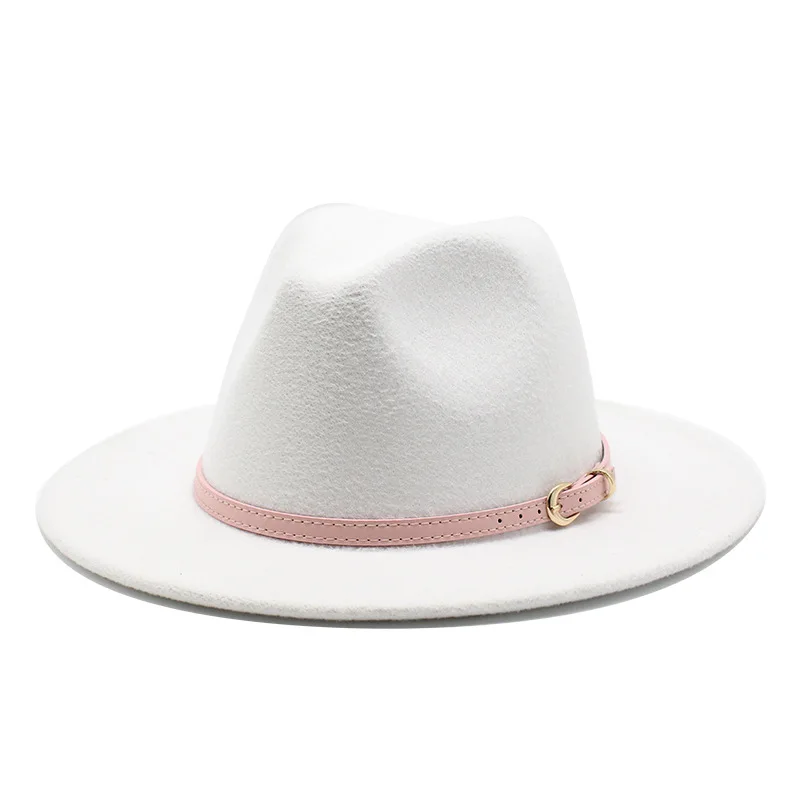 

56-60cm White/BlackWide Brim Fedora Hat Women Men Imitation Wool Felt Hats with Metal Chain Decor Panama Jazz Chapeau hat