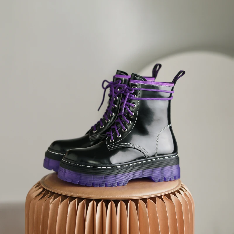 

EshtonShero Boots Female New Genuine Leather Women Boots Lace Up Fashion Round Toe Mixed Color winter women shoes Size 3-9