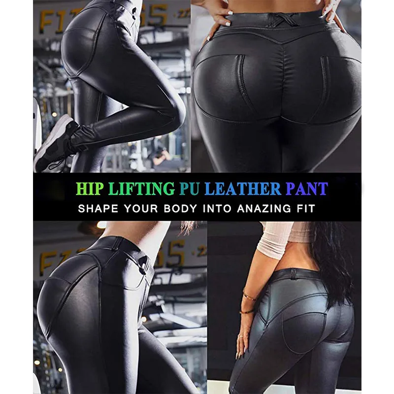 

Women PU Leather Elastic Leggings Hip Push Up Shaping Thick Pants -OPK