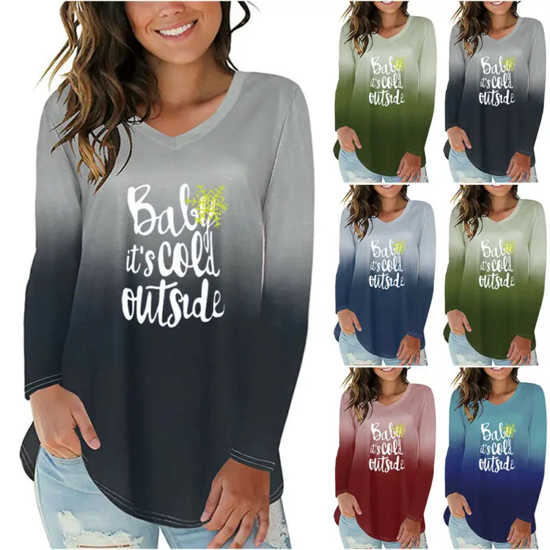 

Women Gradient Letter Print Long Sleeve T-Shirt V Neck Casual Tunic Tops Blouse