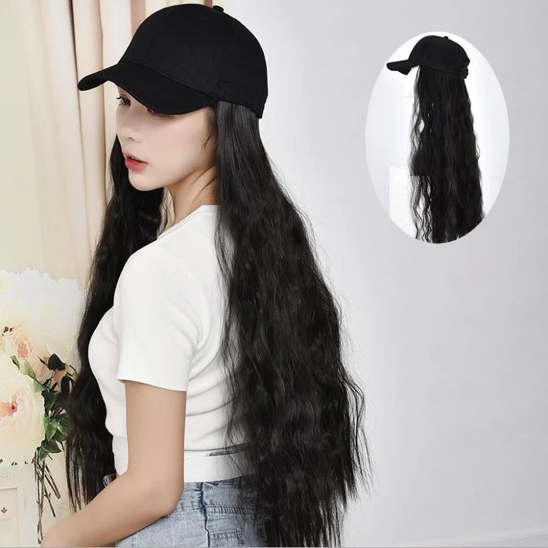 LA Женщины Длинные вьющиеся синтетические волосы с шляпой большой волны