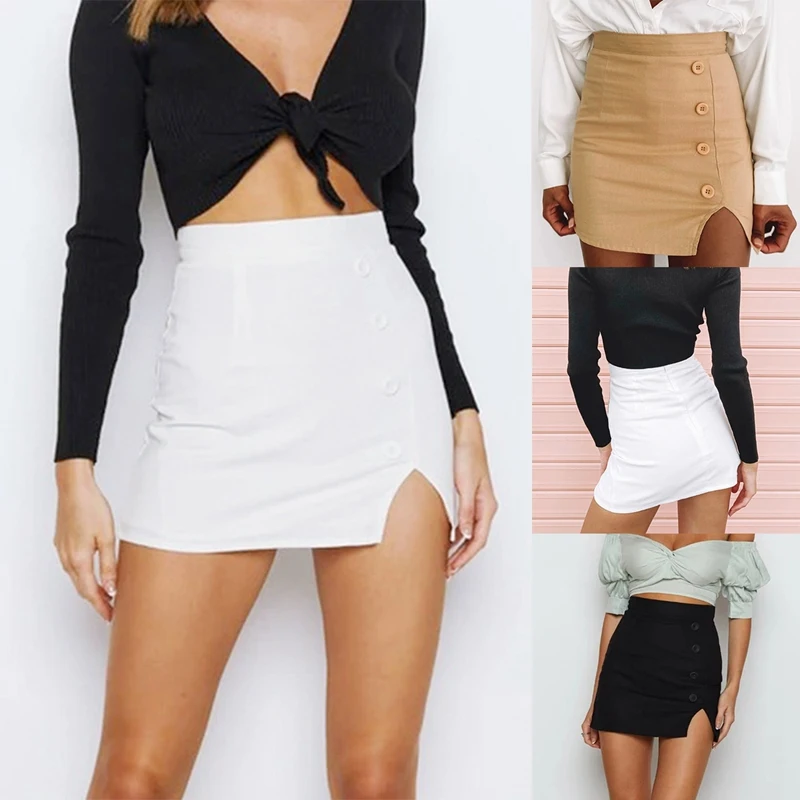 

Hot kf-Ladies Summer Sexy Bag Hip Skirt Slim A-Line Short Skirt High Waist Button Split Solid Color Skirt
