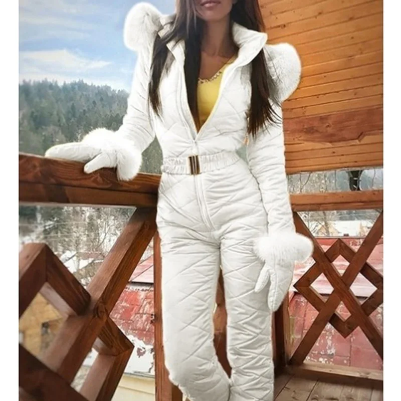 

Winter Hooded Jumpsuits Parka Elegant Cotton Padded Warm Sashes Women Ski Suit Straight Zipper One Piece Tracksuits Outdoor Snow