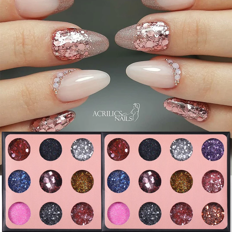 12Pcs/Set Colorful Nail Sequins Glitter Red Blue Black Star Art Powder Pigment Chorme Decoration | Красота и здоровье