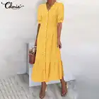 Богемное платье-макси Celmia, Женский вечерние вечерний сарафан с коротким рукавом, сексуальное Повседневное платье с V-образным вырезом и цветочным принтом и оборками