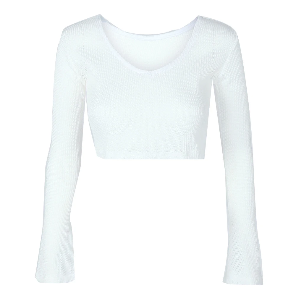 

Chic Lady Solid Color V Neck Long Sleeve Sexy Pullover Knitted Blouse Crop Top Off Shoulder Women's Casual Tank Top Blouse Ladie