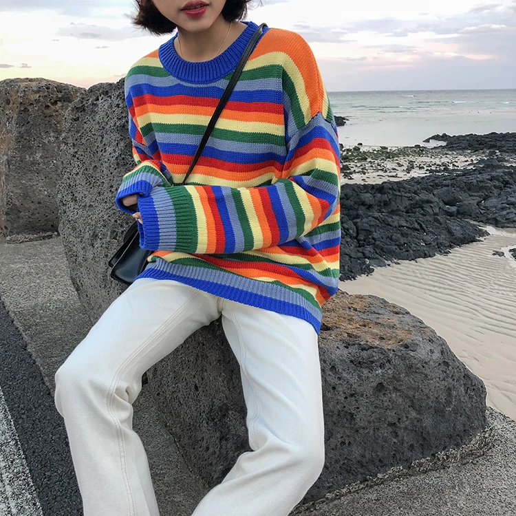 Женский свитер с радужными полосками Вязаный рождественский в Корейском стиле