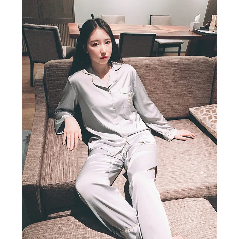 

2020 Women Pajamas2 Pieces Sets Silk Satin Solid Pyjama Set Sexy Pajamas long sleeve Night Suits Sleepwear Home Clothes