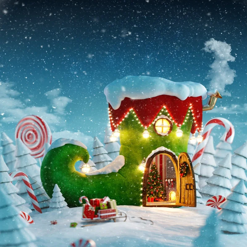 

Laeacco Winter Cartoon Green Boots House Christmas Tree Lollipop Birthday Photo Background Photographic Backdrop For Photo Studi