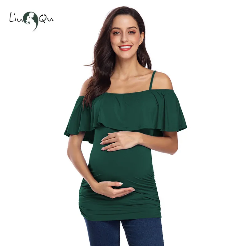 Для женщин беременных оборки открытые плечи топы для Одежда сторона с рюшами